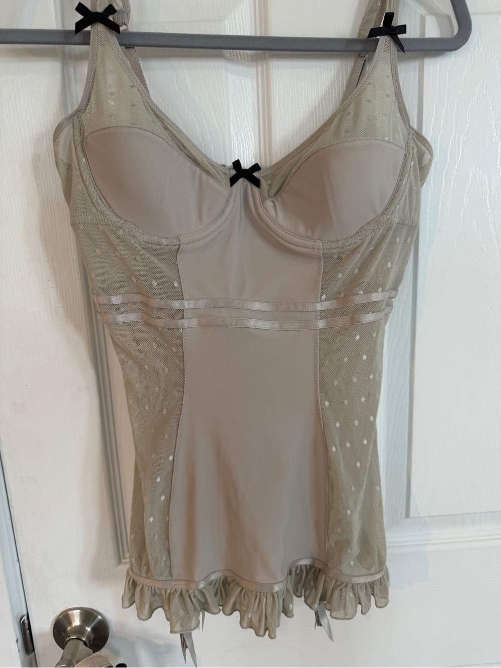 NWTVictoria's Secret Beige Mesh Slip with Ruffle Hem and Black Bows